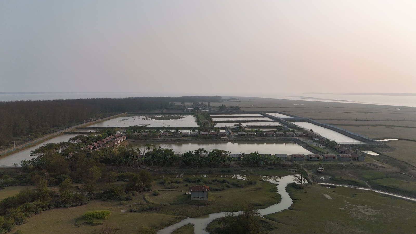 Aerial view of Meghara's pond complex beside the Meghna estuary